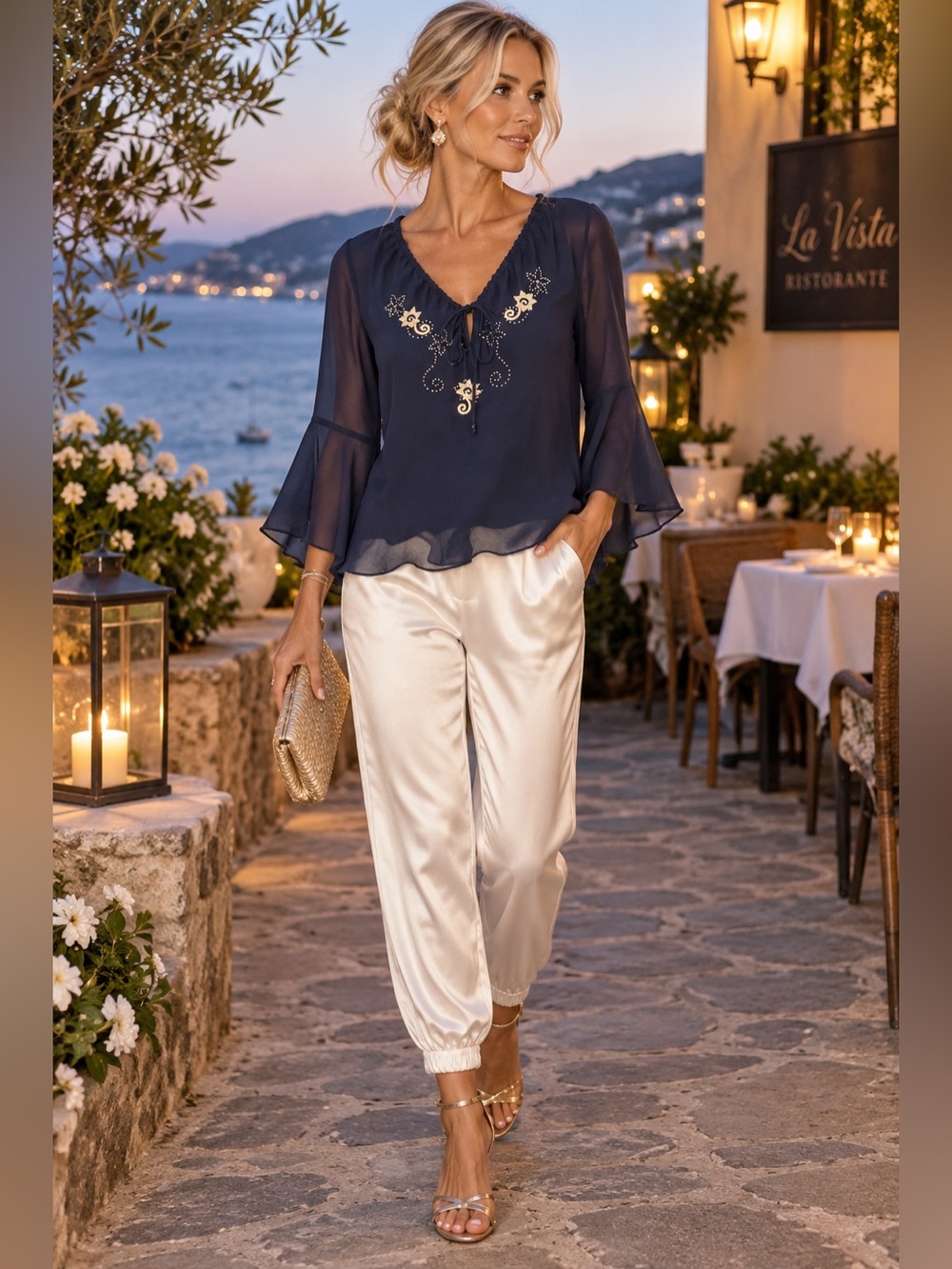 Embroidered Navy V-Neck Chiffon Blouse — Women's Elegant Flutter Sleeve Top